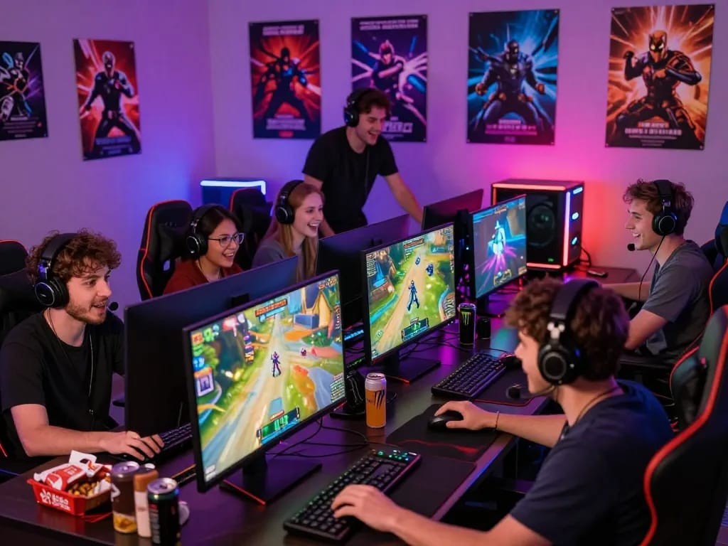 Players enjoying MM88 online gaming in a vibrant setting with snacks and colorful screens.