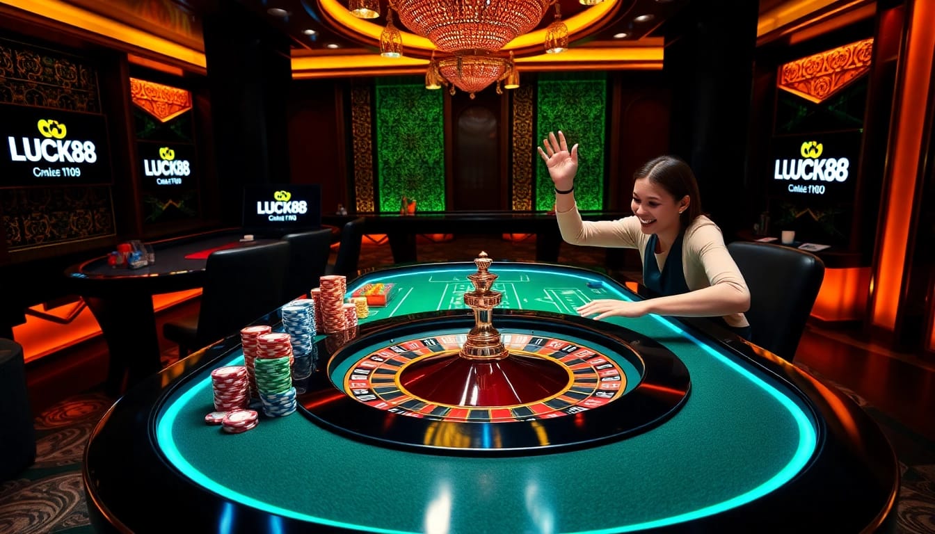 LUCK8 interactive online casino scene with roulette, colorful chips, and excited players.