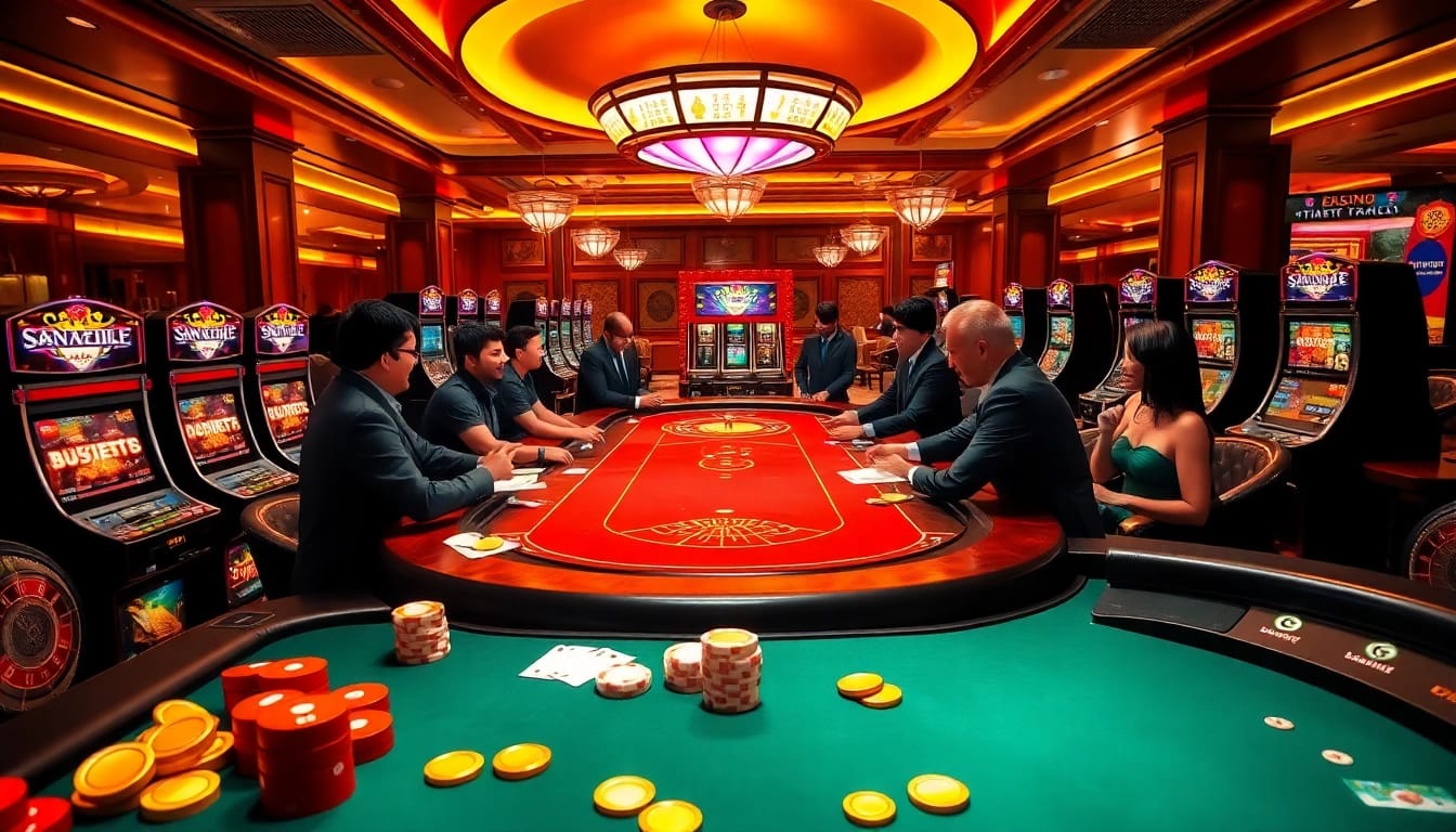 Win79 players engaged in an exciting poker game at a luxurious casino table.