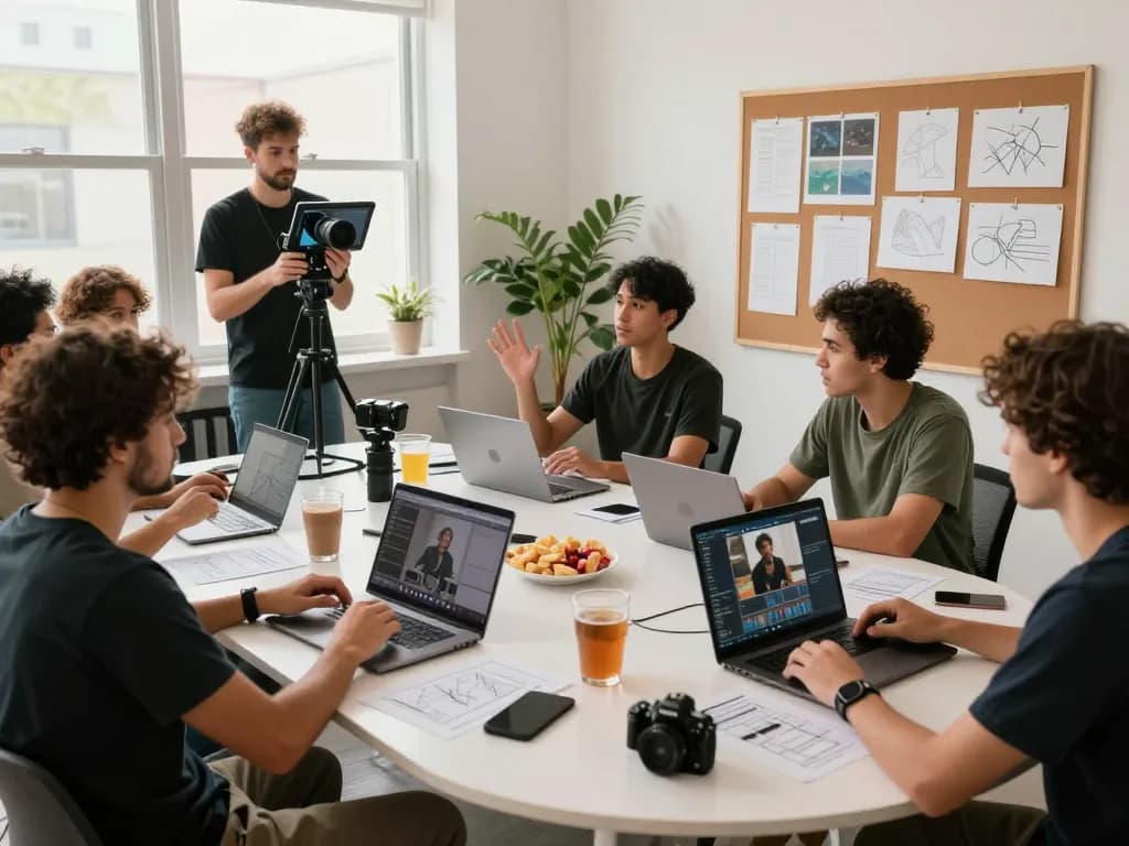 Filmmakers collaborating in a vibrant studio using Seedance 2.0 for video production.