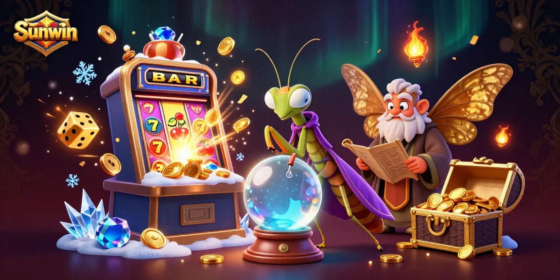 Sunwin players spin the slots and celebrate jackpots with colorful casino elements.