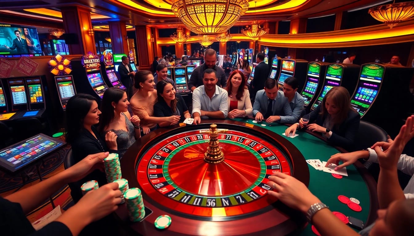 Engaged players enjoying a roulette table at https://www.6rwin33.com/, showcasing a vibrant casino atmosphere.