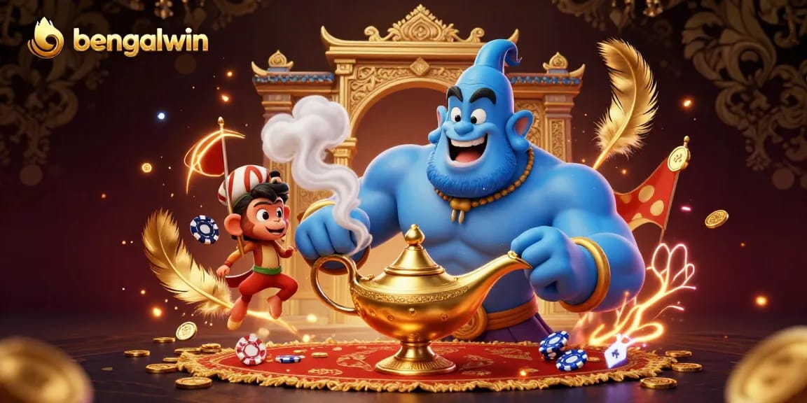 Experience the excitement of Bengalwin with immersive 3D Genie and poker-themed features in this vibrant casino scene.