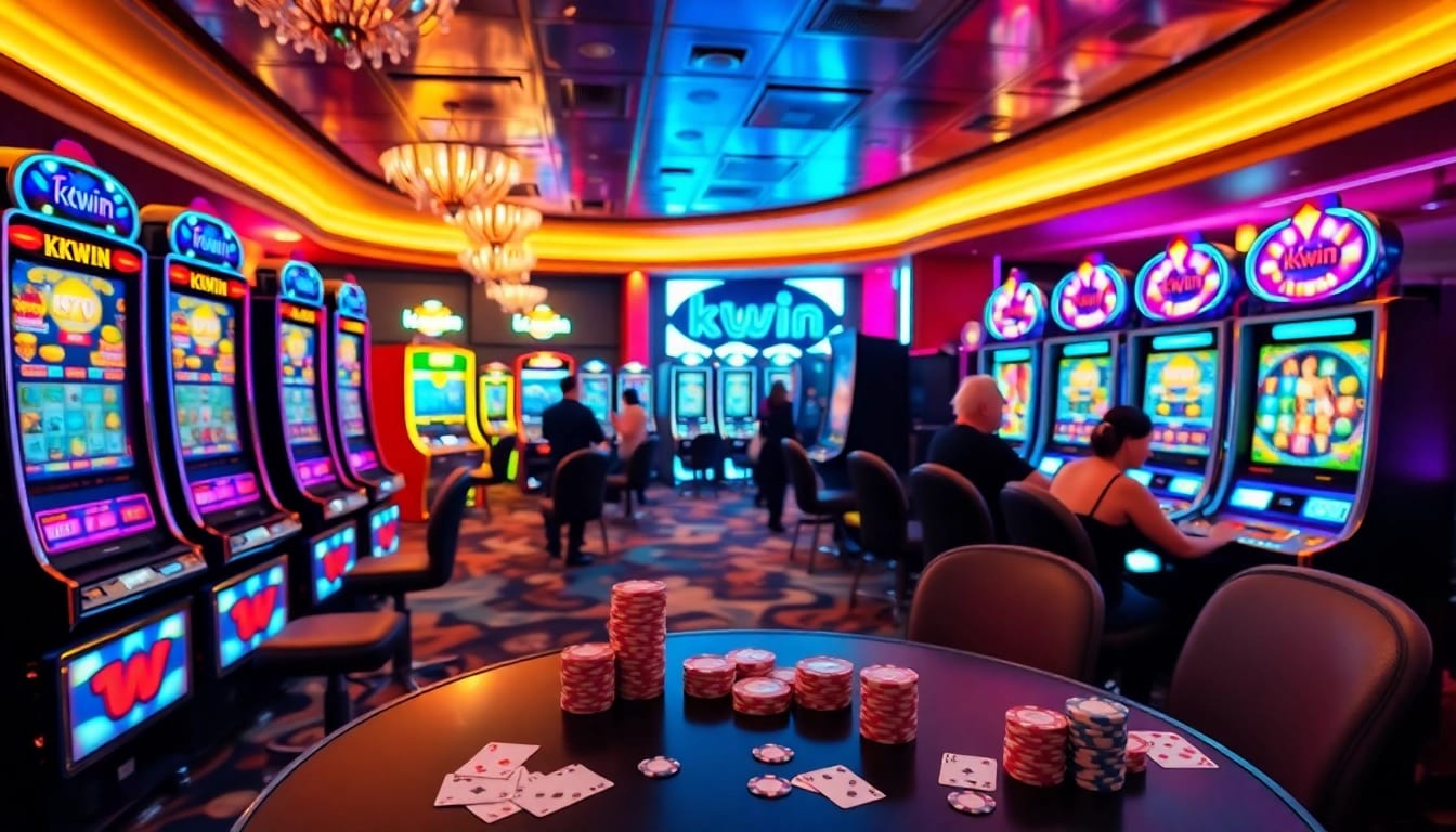 Players engaging with kkwin slot machines in a vibrant casino atmosphere