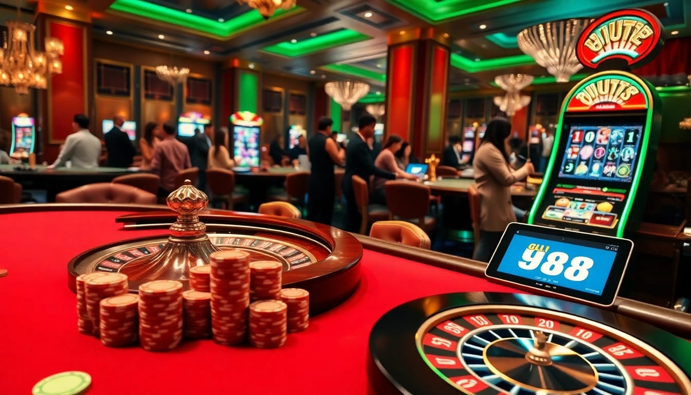 UU88 casino scene with poker, roulette, and vibrant online gambling atmosphere.