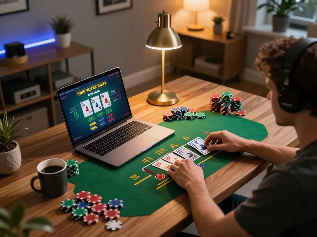 Player strategizing in an online Sunwin blackjack game, showcasing the excitement of home gaming.