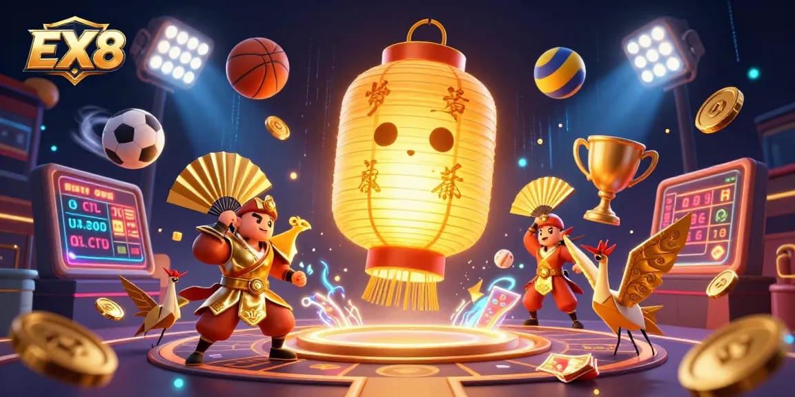 Experience the excitement of EX88's vibrant casino scene with dynamic sports elements and lucky symbols.