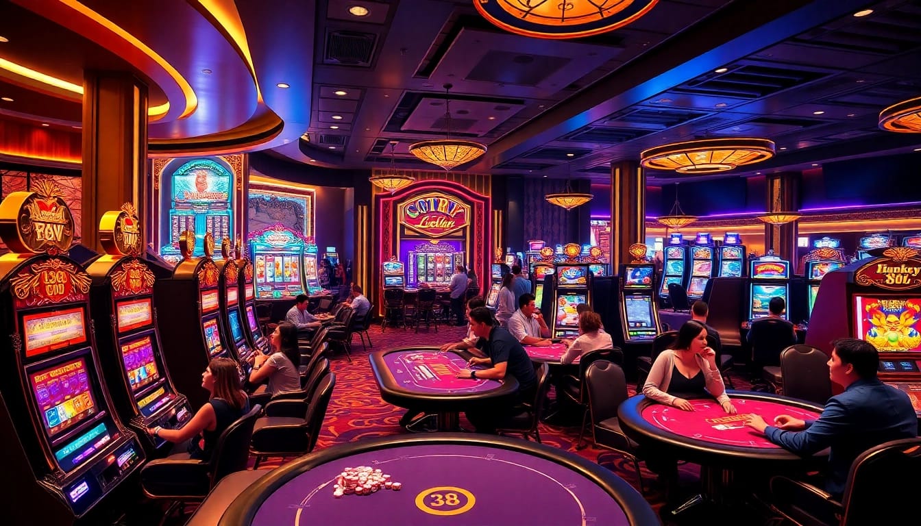 Exciting players enjoying their time at Lucky88 casino with vibrant slot machines and poker tables