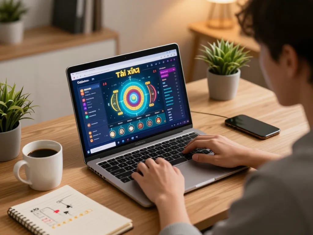 Engaging in Tài xỉu online gaming on a modern laptop, showcasing strategic betting setup.