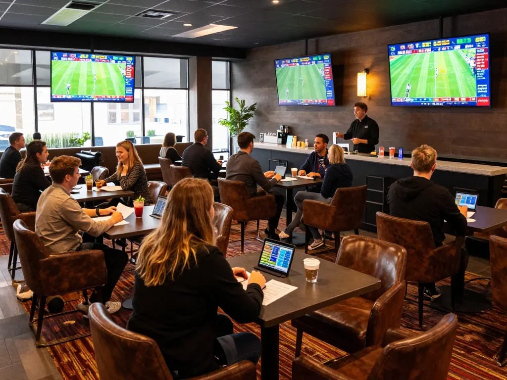Engaging sports betting scene showing excited patrons reviewing their slips at a tylekeo lounge