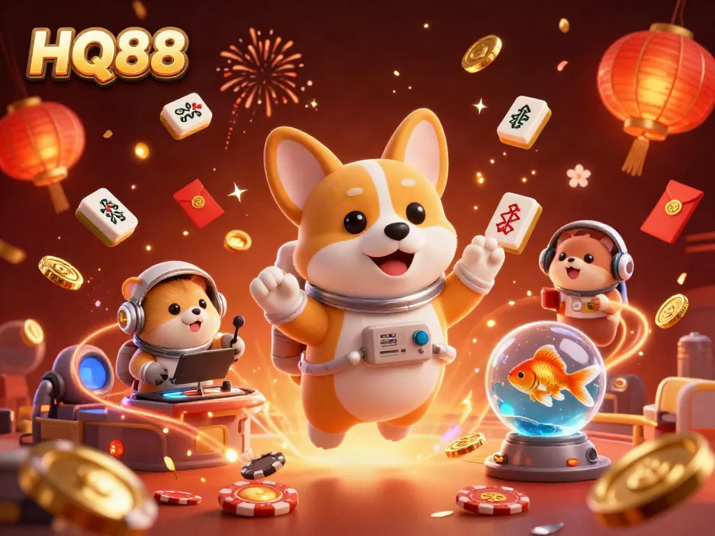 Engaging scene of the HQ88 casino where a floating astronaut corgi interacts with a mission-control hamster, surrounded by casino elements.
