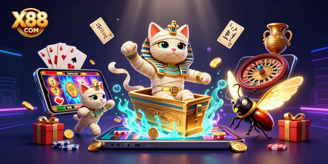 Join the excitement with X88 COM in this vibrant online gaming scene featuring a mummy cat and a scarab in a pyramid casino.