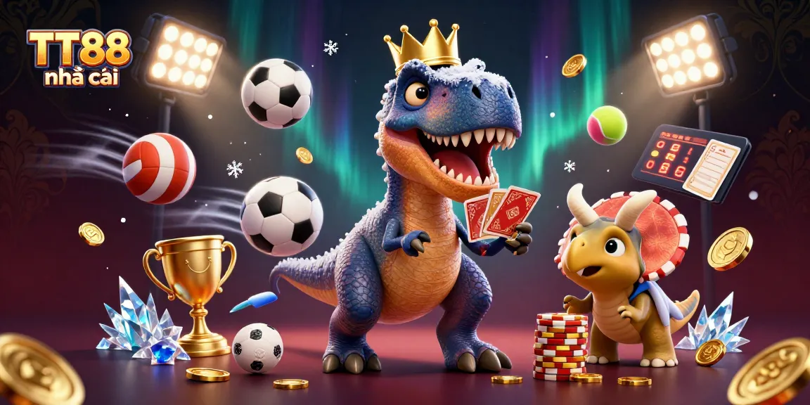 Engage players in the thrilling world of TT88 nhà cái with a lively casino scene featuring a T-Rex and fun characters.