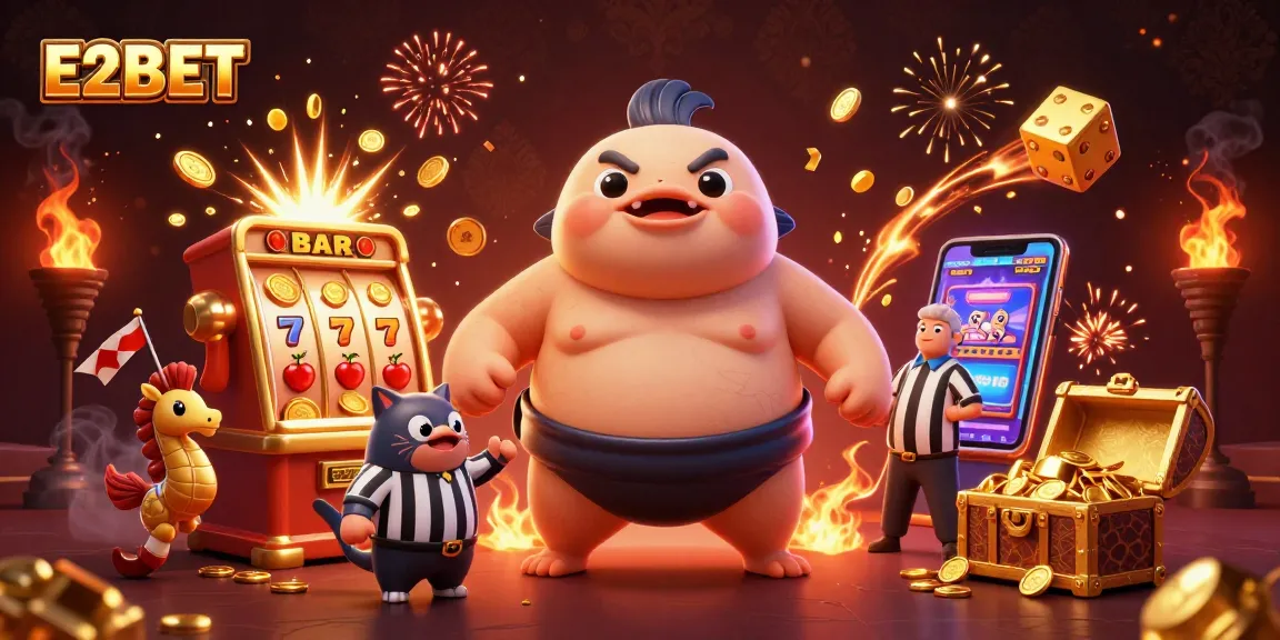 E2BET dives into excitement with a vibrant 3D illustration of a blowfish in a sumo belt amidst a casino spectacle.