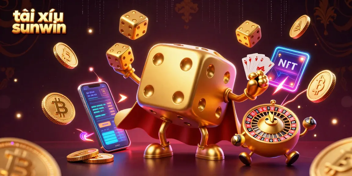 Tài xỉu sunwin comes alive with a golden dice golem juggling as digital coins illuminate a vibrant casino scene.