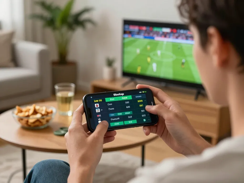 Sbotop user placing live sports bets on a smartphone while watching a football match at home.