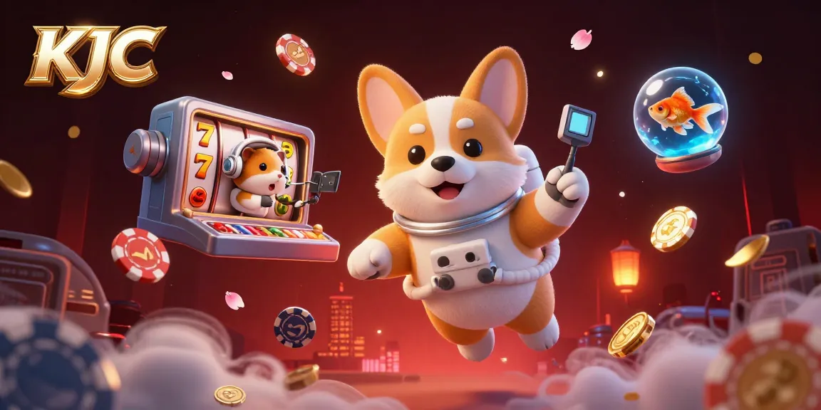 KJC presents an exciting casino scene with a 3D astronaut corgi, floating poker chips, and festive decorations, highlighting the thrill of gaming.