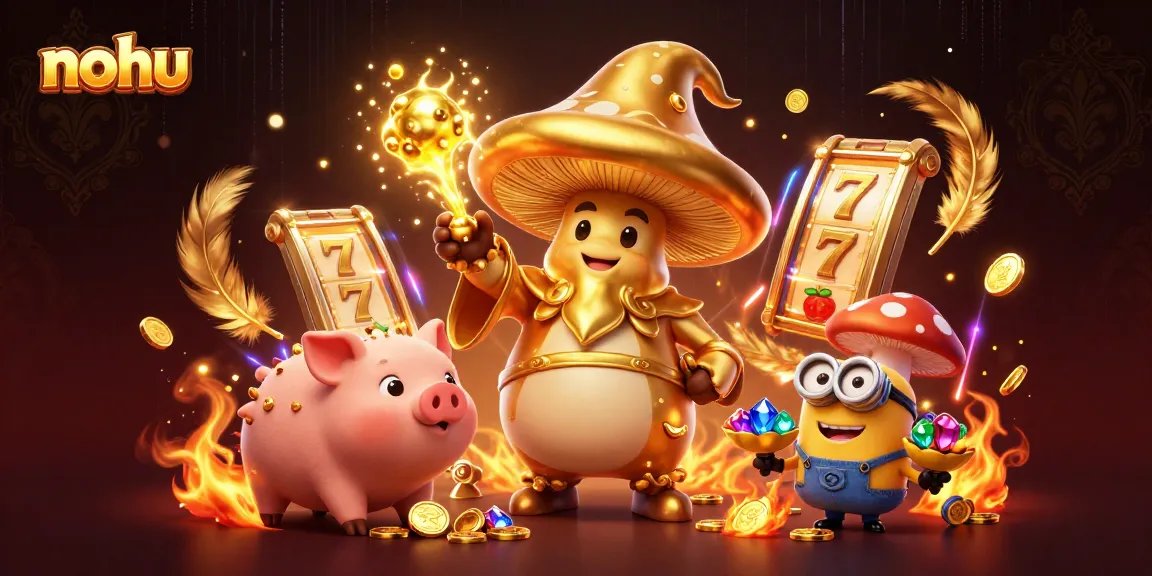Nohu players harnessing golden magic and treasures in a vibrant slot game scene.