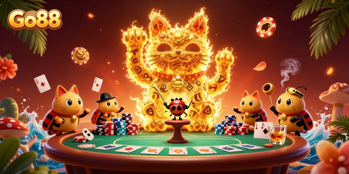 Experience the excitement of Go88 with a vibrant lucky cat and dynamic casino elements.