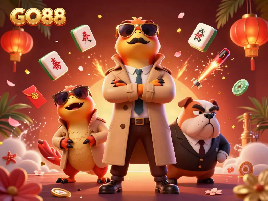 GO88 showcases three raptors in a trench coat entering a VIP lounge, illustrating a humorous approach to casino entry.