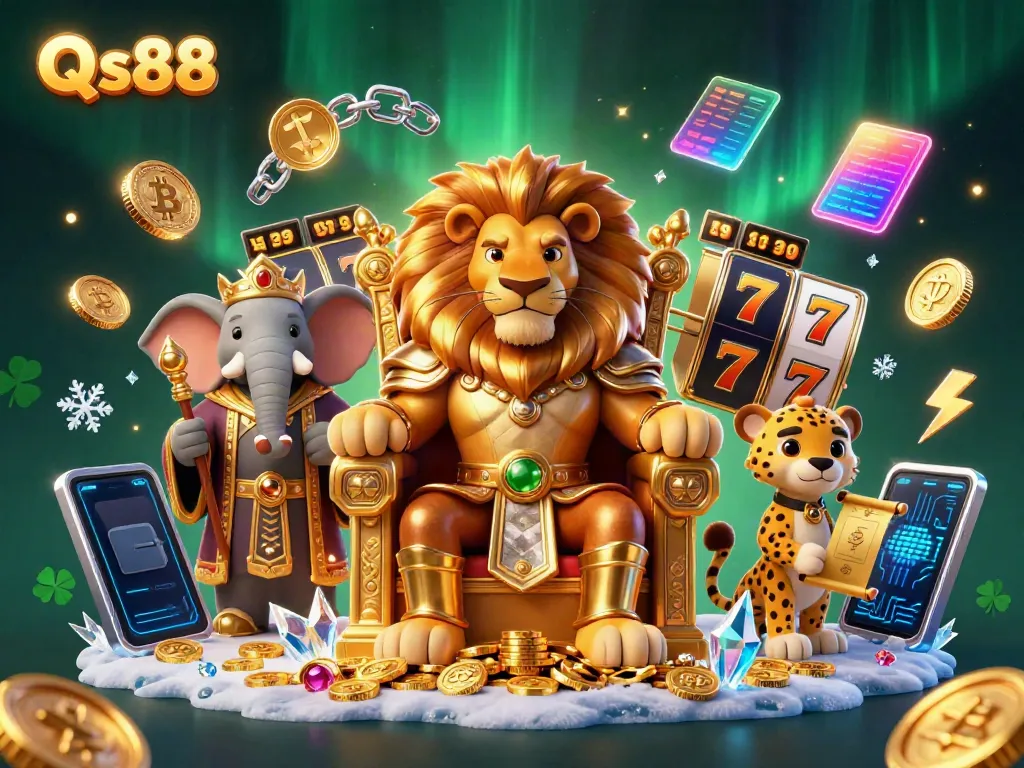 Experience an exciting scene with Qs88's vibrant characters, slot game elements, and dazzling visuals.