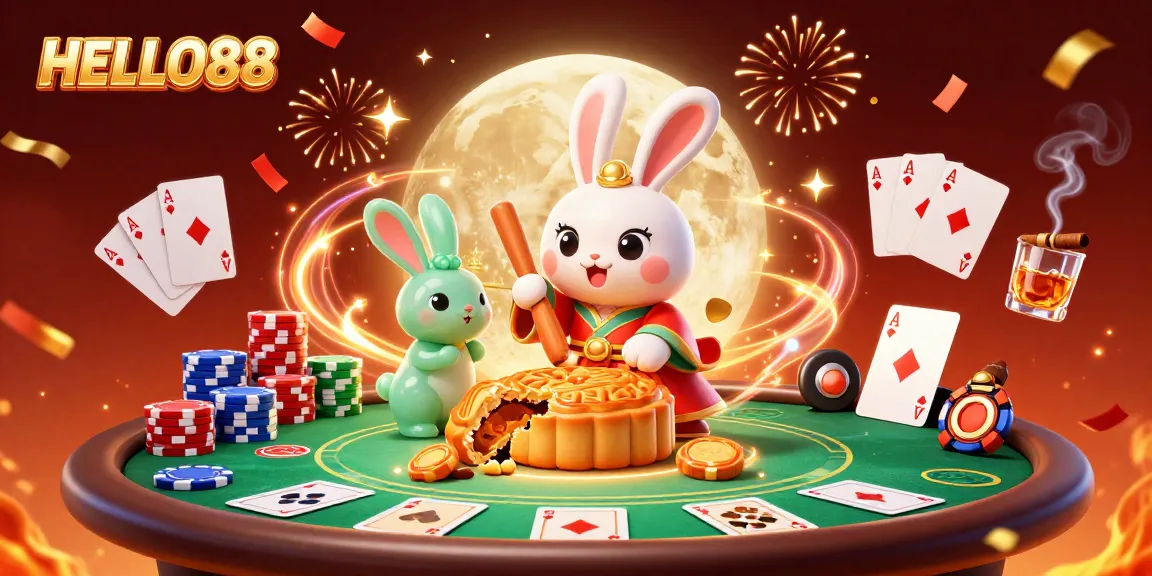 Play exciting games at HELLO88 featuring a whimsical moon rabbit and poker chips.