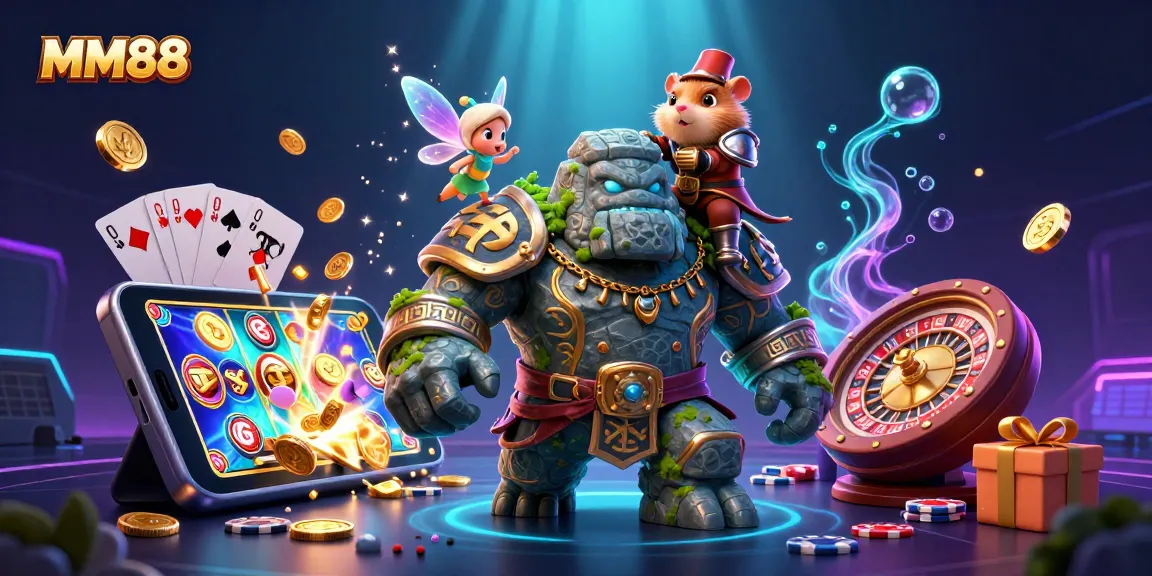 Spin to win with MM88 in a vibrant 3D casino illustration featuring a magical scene.