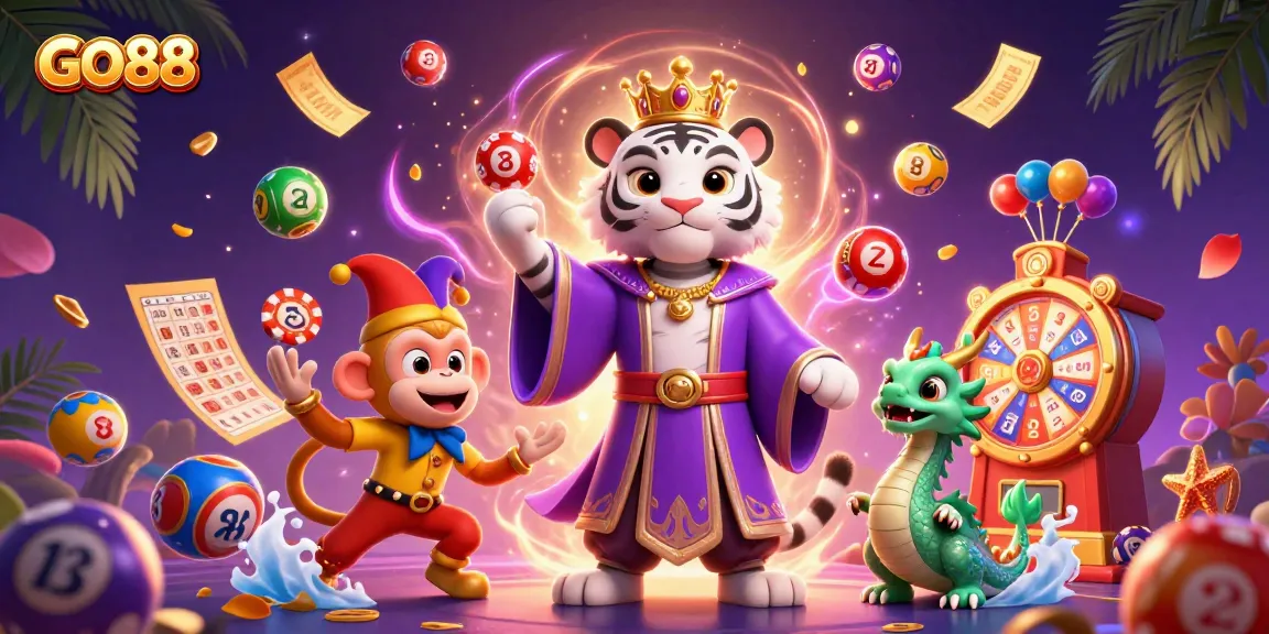 Engage with GO88's vibrant gaming world featuring a playful monkey, tiger, and dynamic lottery elements.