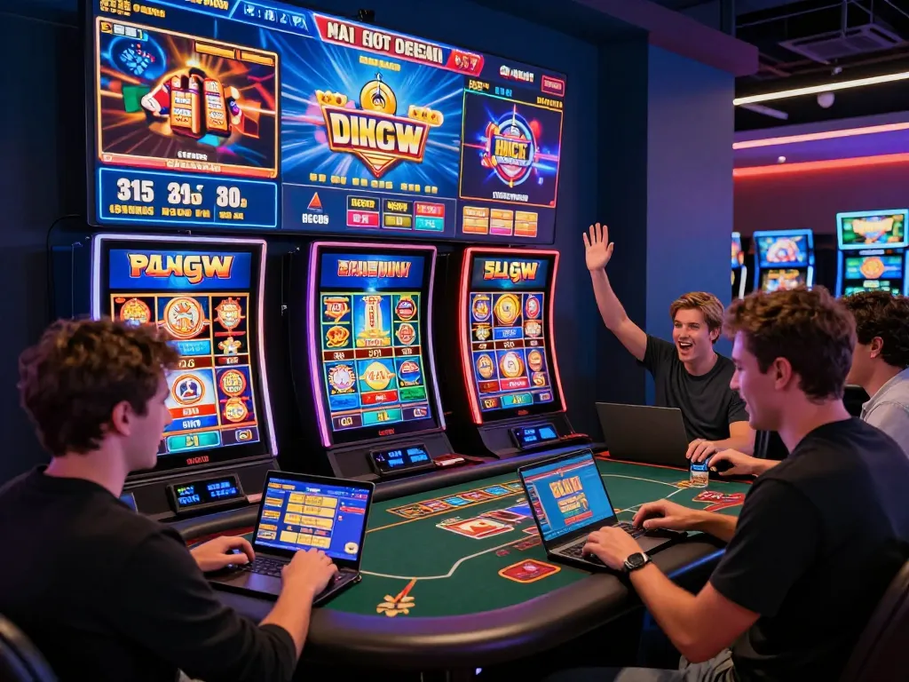 Friends enjoying the thrilling experience of online gambling at okwin's vibrant casino platform with dynamic visuals.