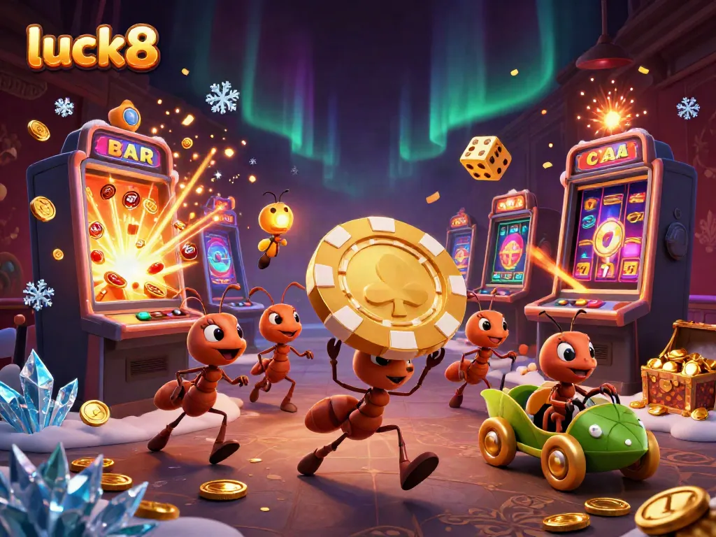 Engaging illustration of luck8's animated ants in a casino heist with a giant poker chip and vibrant gaming elements.