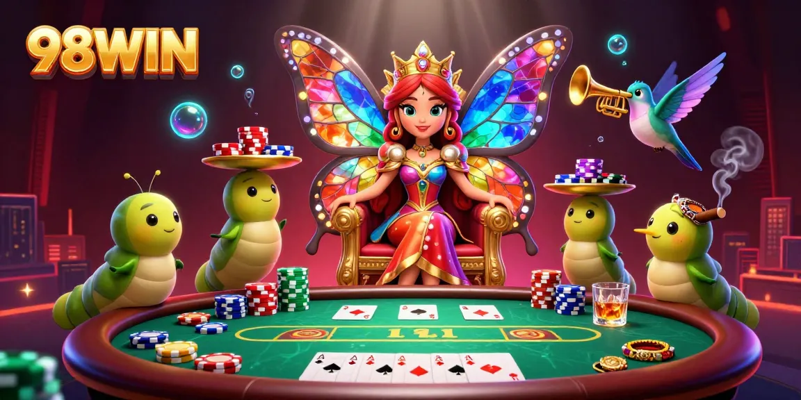 Engage in thrilling poker action with the vibrant 98WIN butterfly queen and a majestic casino scene.