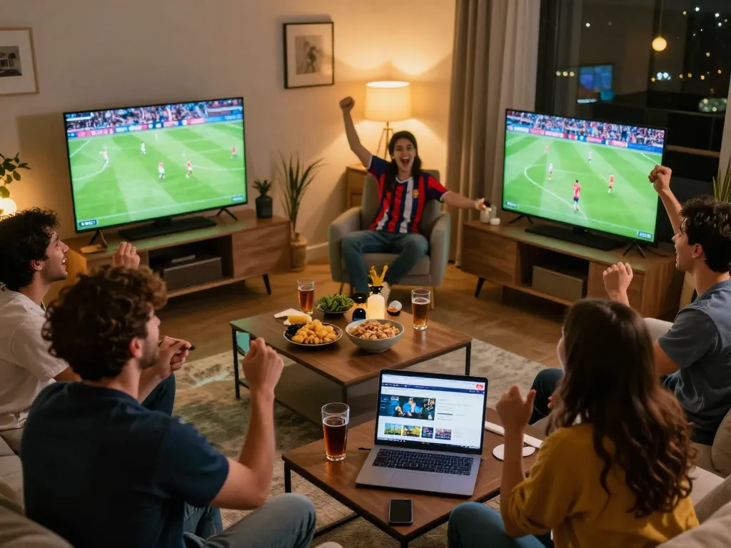 Socolive viewers passionately celebrating a live soccer match from home, enjoying snacks and drinks.