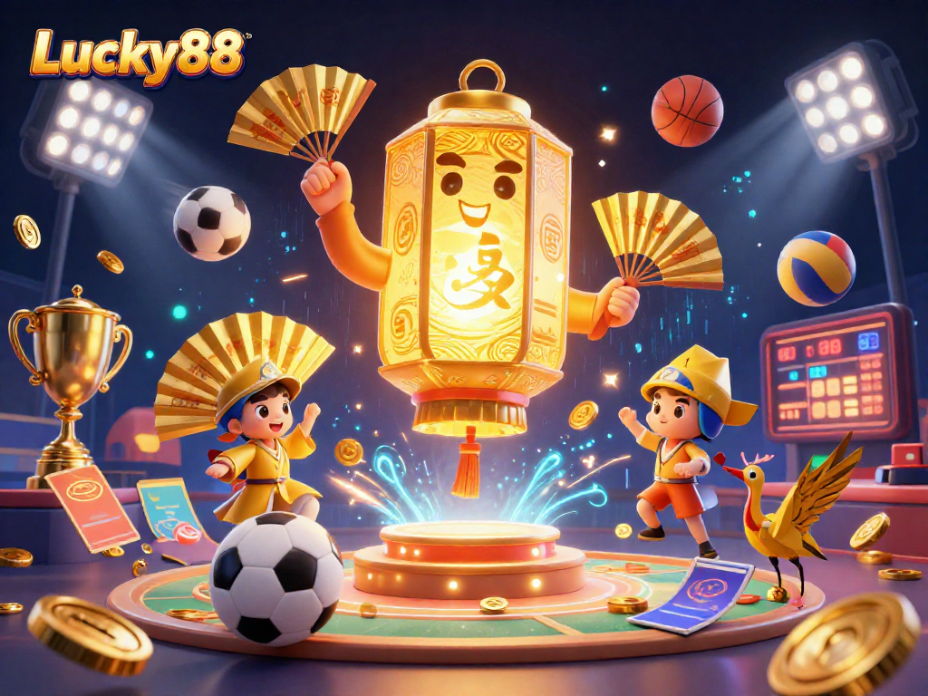 Engage with Lucky88 in this electrifying 3D illustration showcasing dynamic sports betting action and vibrant casino elements.