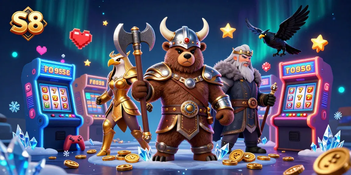 S8 casino illustration featuring a Viking bear and Valkyrie eagle amid dynamic game elements, enhancing gaming excitement.
