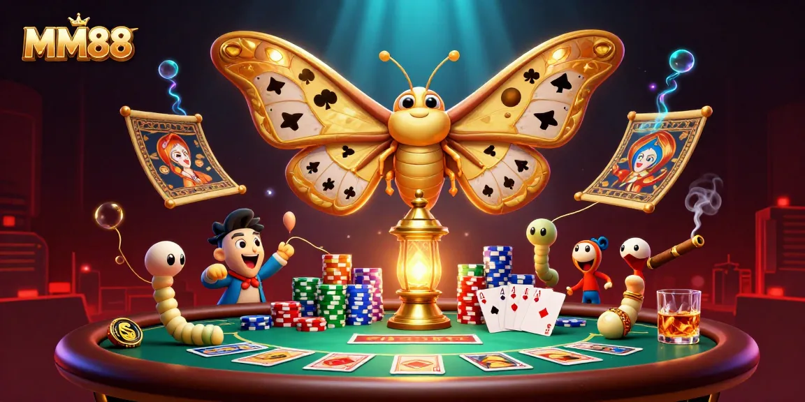 Experience thrilling MM88 casino action with 3D moth-themed gaming illustrations.