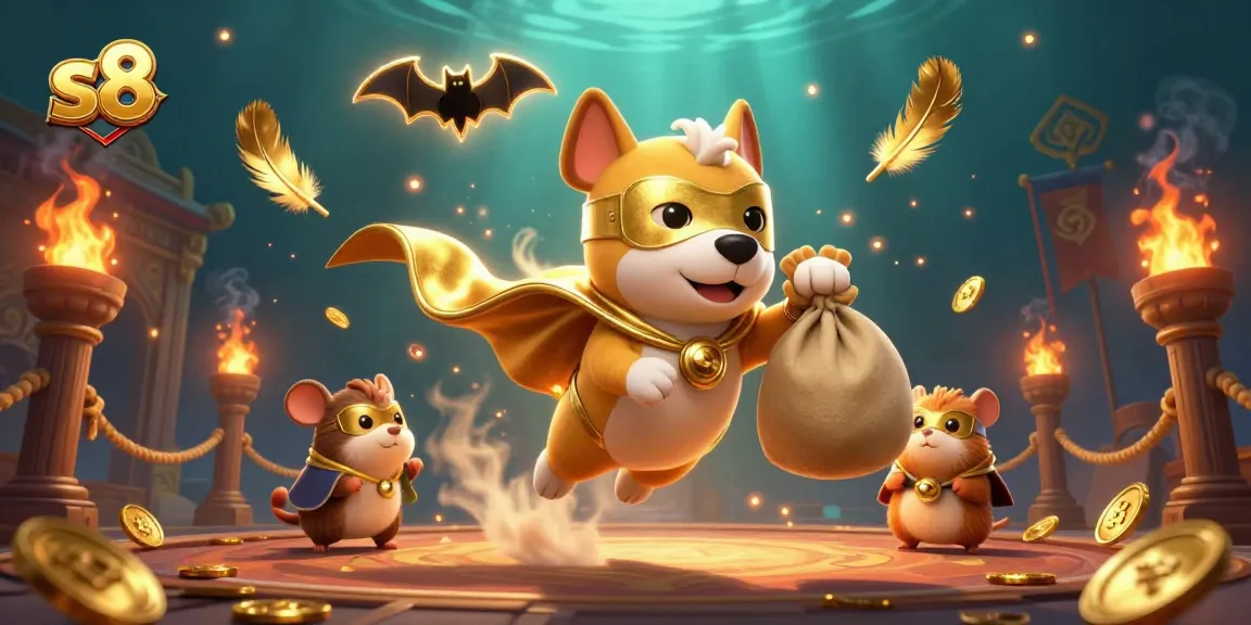 Experience the thrill with s8 as a superhero dog flies through a casino filled with gold coins and excitement
