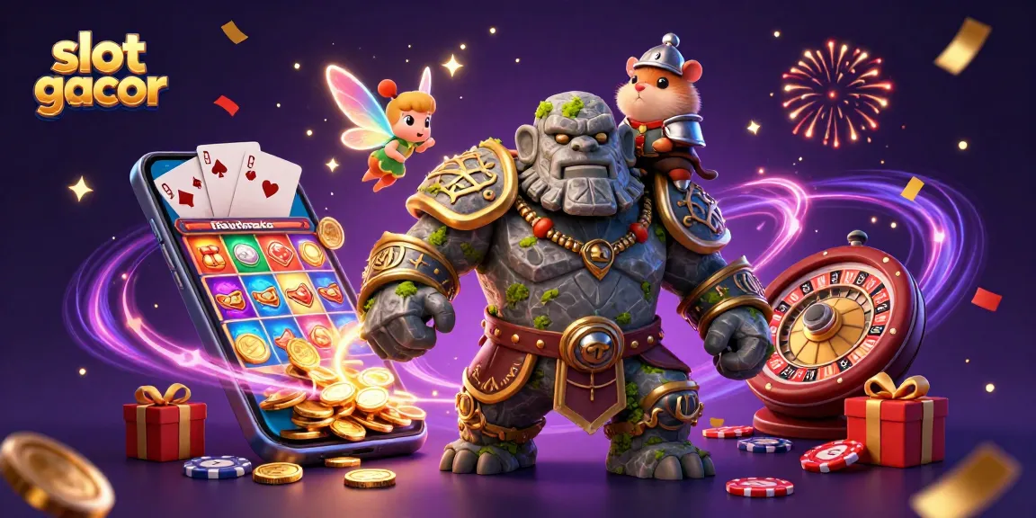 Experience thrilling slot gacor gameplay with a mystical golem, fairy, and hamster knight in this vibrant illustration.