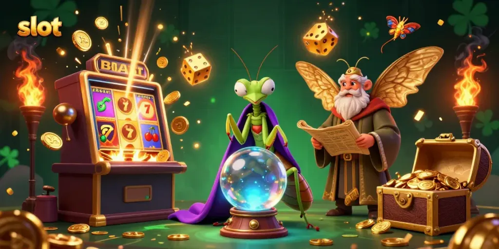 Experience exciting slot gameplay with our charming fortune teller and whimsical characters in a vibrant casino scene.