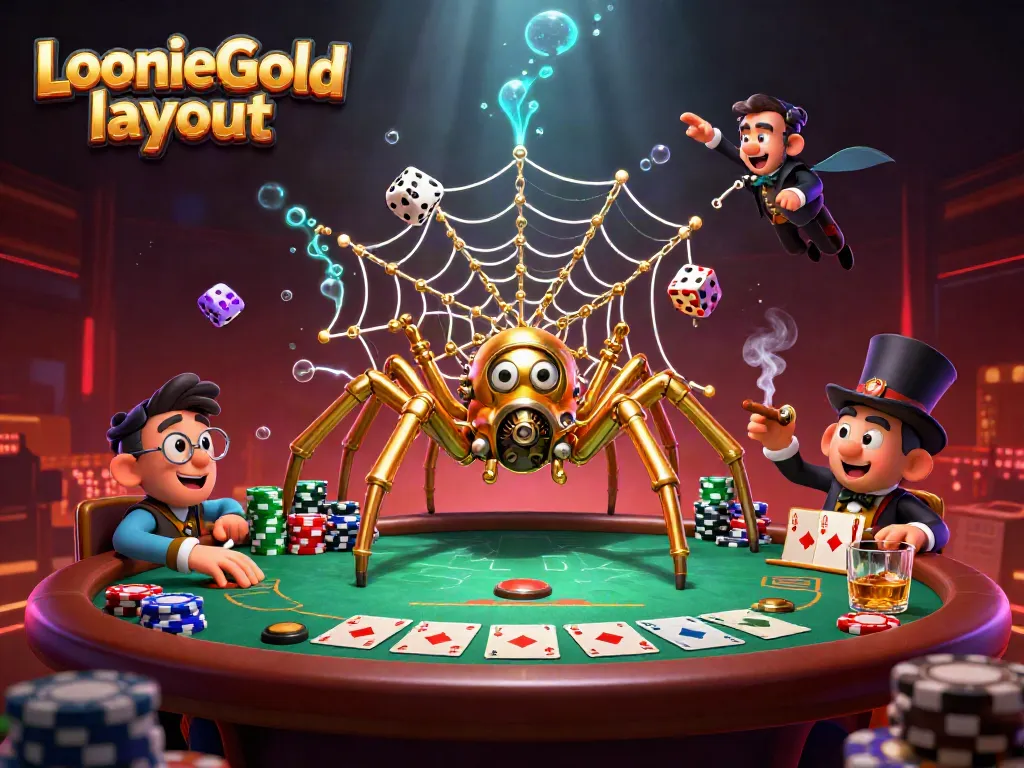 Engage in the thrilling LoonieGold layout with a unique steampunk casino scene featuring a golden spider and poker elements.