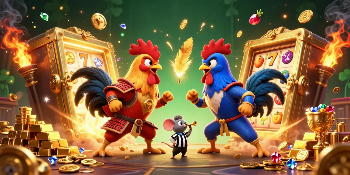 Witness an exciting slot standoff with cartoon roosters and golden treasures in a 3D illustration.
