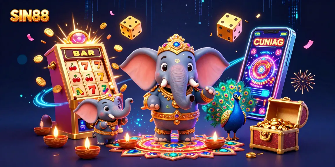 SIN88 offers thrilling gameplay with a Diwali elephant amid slot machines and dynamic casino elements.