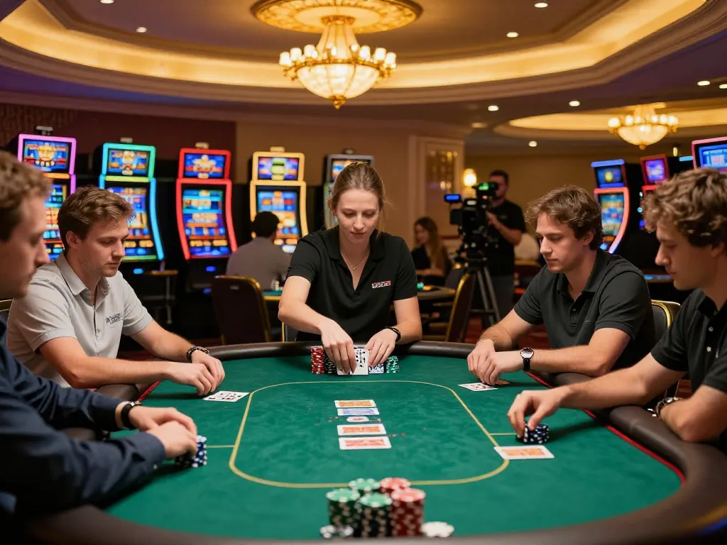 Players engaging in a high-stakes poker game at Hitclub casino with chips stacked high.