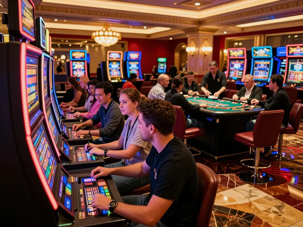 Players enjoying SC88 slot machines in a vibrant casino atmosphere, showcasing engagement and excitement.