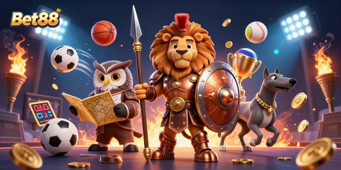 Bet88 players engaging in thrilling sports betting with an energetic Spartan lion, wise owl, and swift greyhound.