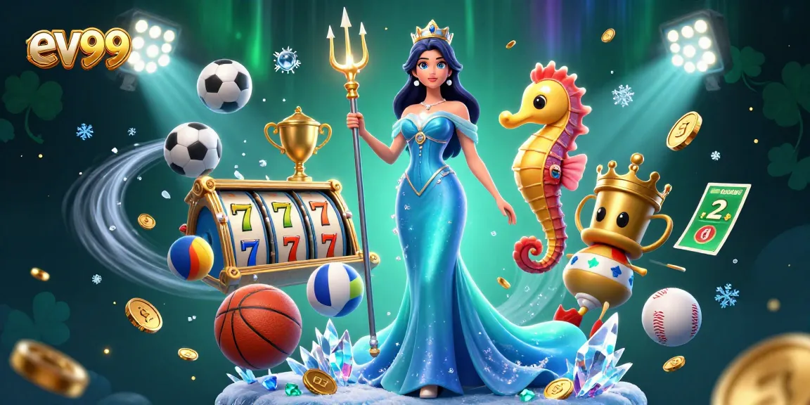 Play thrilling slot games with ev99, featuring a glowing pearl and underwater treasures in a captivating 3D scene.