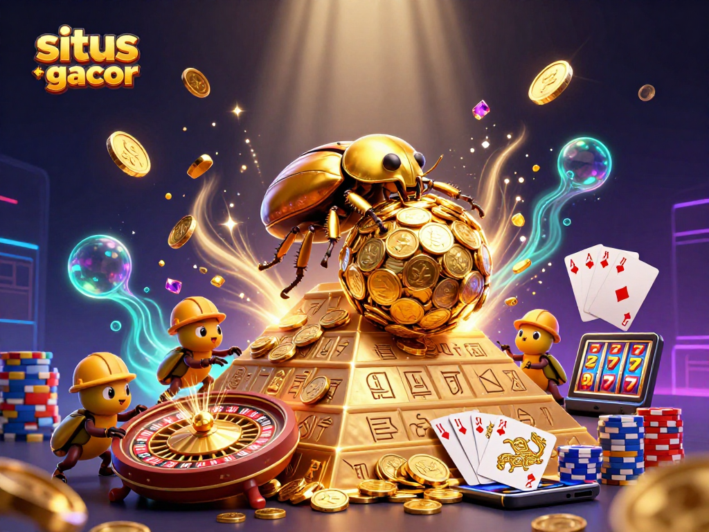 Experience the excitement of situs slot gacor with golden beetles and casino symbols in an engaging 3D illustration.