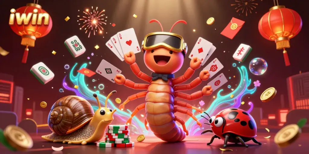 iwin gaming excitement with a millipede dealer, a snail high-roller, and festive visuals in a vibrant casino scene