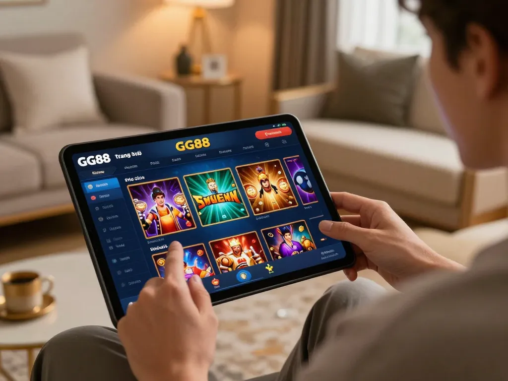 Player engaging with the trang chủ GG88 online casino platform on a portable device in a cozy home setting, capturing the essence of modern gaming.
