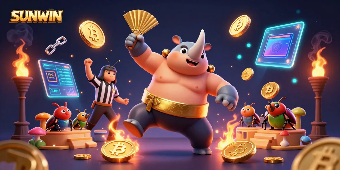 SUNWIN brings excitement as a beetle champion plays in a vibrant casino scene with flying coins and digital assets.