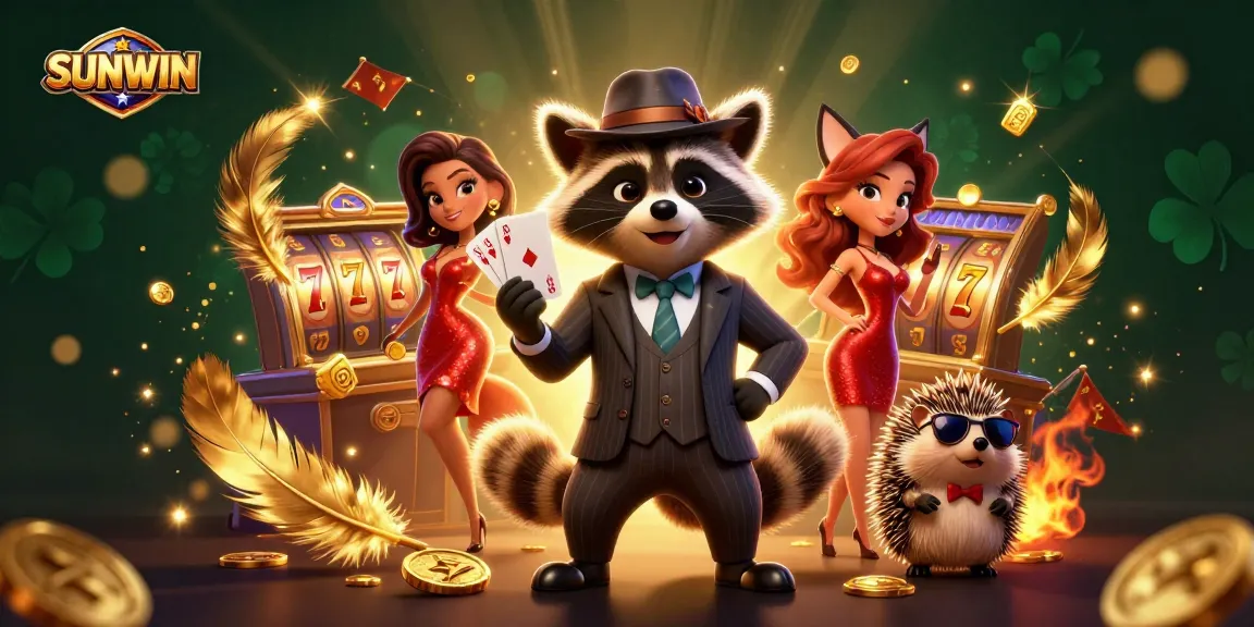 SUNWIN showcases a high-stakes scene with a raccoon holding a royal flush near sparkling slot reels and golden betting tokens.